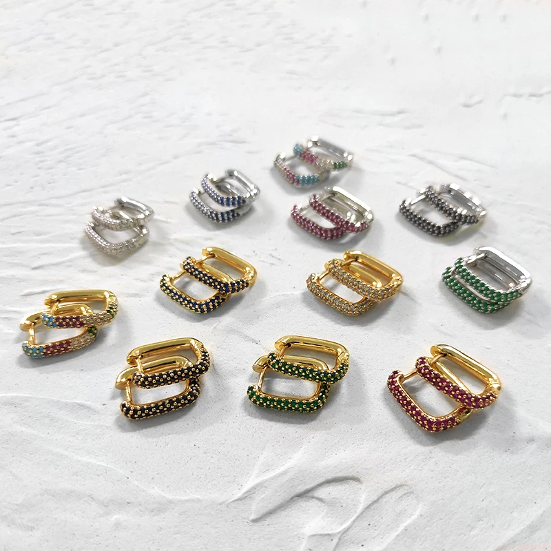 Peri'sBox Gold Silver Color U Shape Colorful CZ Stone Earrings Mixed Geometric Earrings for Women Minimalist Small Hoop Earrings - Image 3