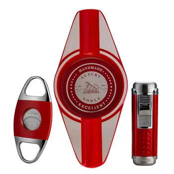 

LUBINSKI Metal Smoking Tool Cigar Cigarette Lighter Suit With Cigar Cutter Ashtray 4 Torch Jet Flame Travel Tobacco Set Portable
