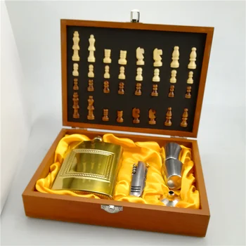 

New stainless steel 8OZ or 7OZ hip flask set with Chess wooden gift box ,High quality