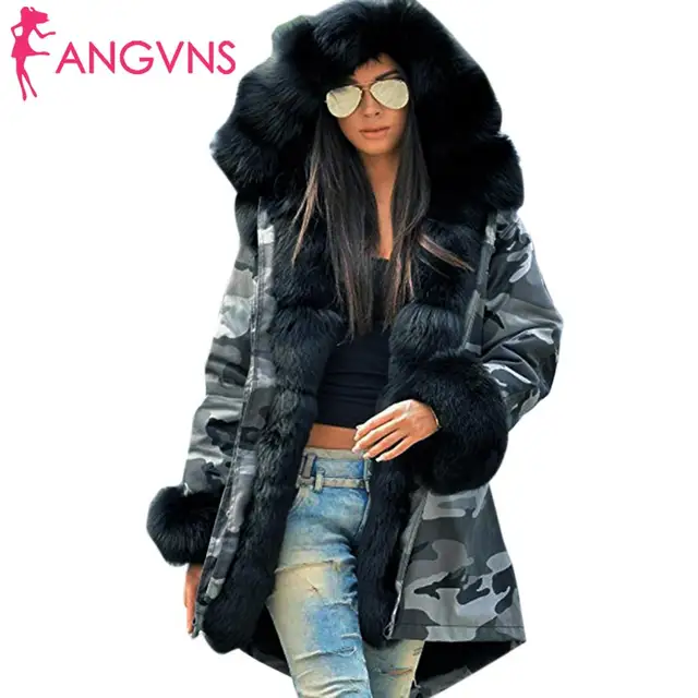 New Winter Women Casual Hooded Long Above Knee Sleeve Thicken Camouflage Artificial fur Coat