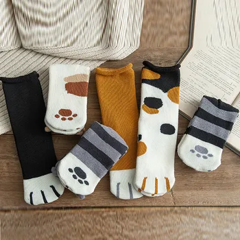 

Women Fashion Lovely Cat Claw Coral Cooton Middle Socks 6 Pairs Plus Velvet In Winter Keep Warm Medium Length Socks