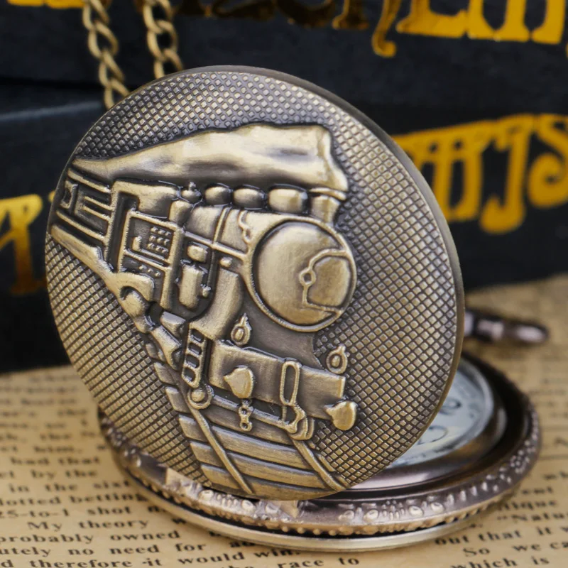 

Bronze Carved Train Front Design Necklace Pendant Gentleman Quartz Pocket Watch with Fob Chain Men's and Women's Gift Td2116