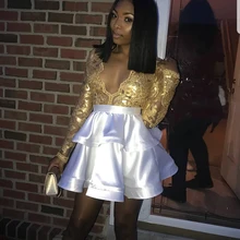 Короткое платье для выпускного вечера сексуальный глубокий v-образный Вырез Золотой кружевной топ с длинным рукавом африканская темнокожая девушка мини-Выпускные платья