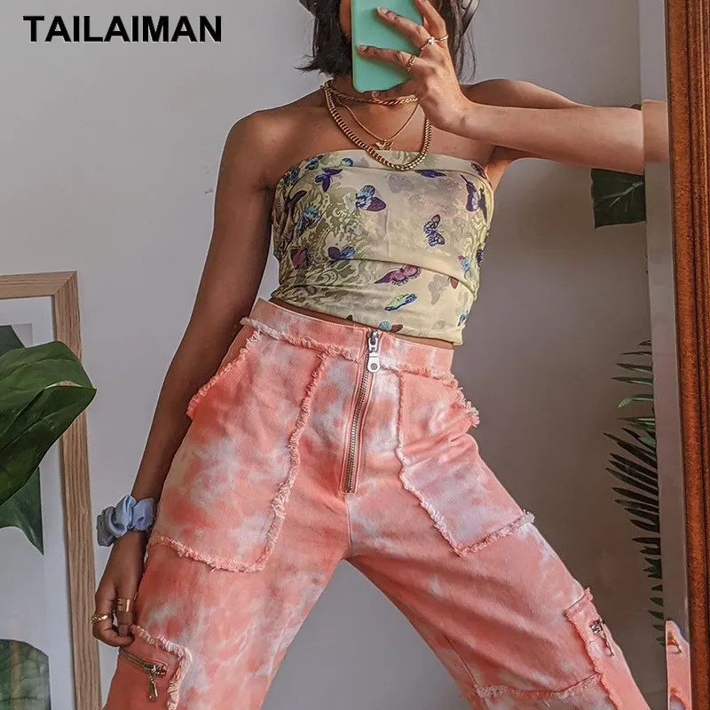 

European and American Hot Style Fashion Tie-Dye Straight-Leg Pants Design Sense of Raw Edge Zipper High Waist Slim Jeans Women