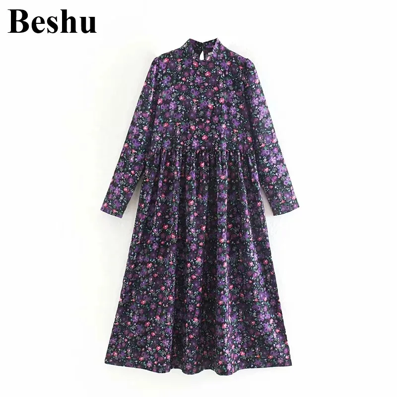 

Fashion ZA dress purple chic floral print dress stand collar loose chiffon midi female dress