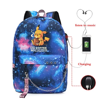 

New Usb Charging Girls Backpacks NO COFFEE NO WORKEE School Bags Teenager PIKACHU Travel Laptop Backpack Women Knapsack Bag
