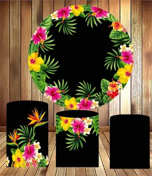 

Round circle panel backdrop tropical plant flower birthday party decor dessert table baby shower fabric 3 cylinder plinth cover