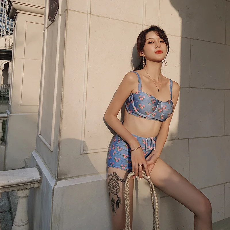 

2019 New Style South Korea Sexy Swimwear Split Type Printed Bathing Suit Women's High Waist Lace-up Bikini