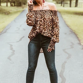 

Women Sexy Off Shoulder Blouse Shirt Women Fashion Leopard Print Long Sleeve Blouse Blusas Casual Loose Ladies Tops And Blouses