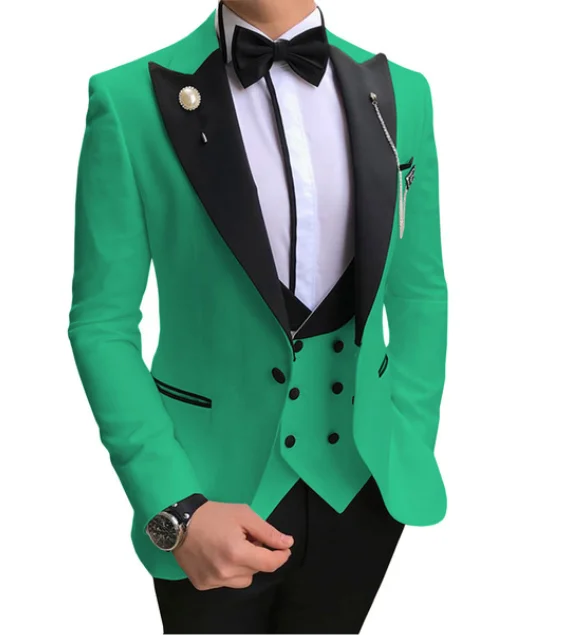 Green Мужские костюмы из 3 предметов, приталенные деловые костюмы, смокинги для жениха, цвета шампанского, благородные, серые, белые, для официальных свадеб, костюм(Блейзер+ брюки+ V - Цвет: Green