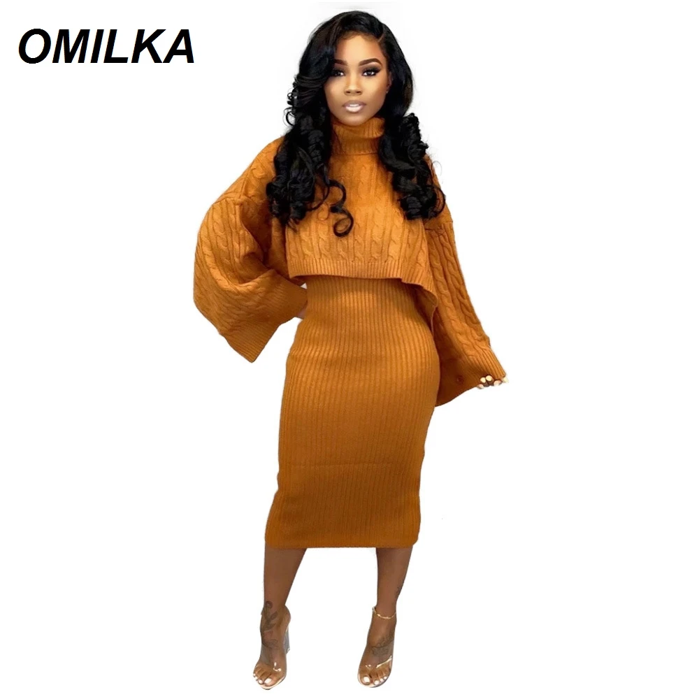 

OMILKA 2 Piece Sweater Dress 2019 Autumn Winter Women Cape Cloak Bodycon Turtleneck Club Party Midi Knitting Sweater Dress