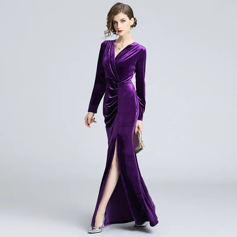 Elegante lange Mouwen Fluwelen Jurk сексуальное платье без бретелек v-образный вырез длина до