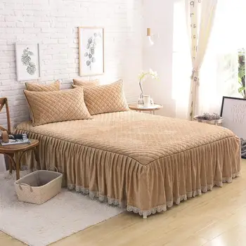 

3J Gray Pink Red luxury Crystal velvet Cotton Fleece Fabric Thick Bed Skirt bedding set lace edge bedspread pillowcases 3pcs