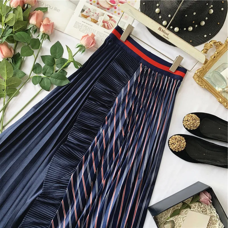 Французские Ретро полосы сшивание листьев лотоса окантованные женские плиссированные юбки с высокой талией осенние юбки с эластичной