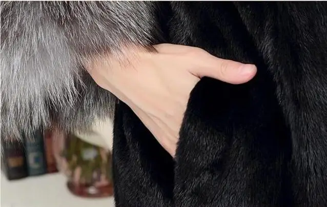 6XL X-длинное женское пальто из искусственного меха норки, зимняя верхняя одежда из черного кролика с воротником лисы, пальто, большой размер, colete feminino Y819