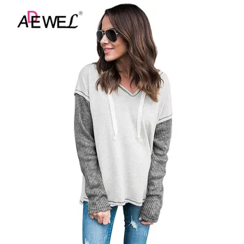 

ADEWEL Gray Day Contrast Sweatshirt Contrast Color Patchwork Pullover Sweatshirts Long Sleeve O Neck Hooded Hoodies Loose Tops