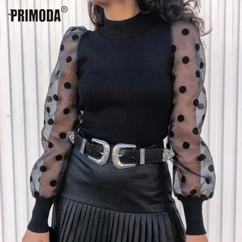 

2020 Autumn Fashion Ribbed Knitted Women's Sweater Mesh Polka Dot Long Puff Sleeve Blusas Lady Vintage Shirts Women Tops PR219L