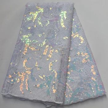 

(5yards/lot) fancy changing colors African sequins lace white French net lace fabric with beads for party dress 10 colors PL178