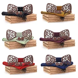 Handmade solid wood bow tie, fashion bow tie suit, Matching Pocket Square and Men's Cufflinks Set