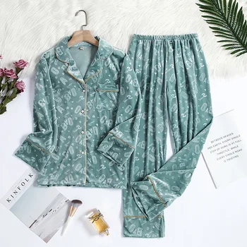 

Golden Velvet Pajama Set Winter Sleepwear Print Cardigan Lapel Button Pocket Loungewear Comfortable Warm Homewear Pyjamas 2 Pcs