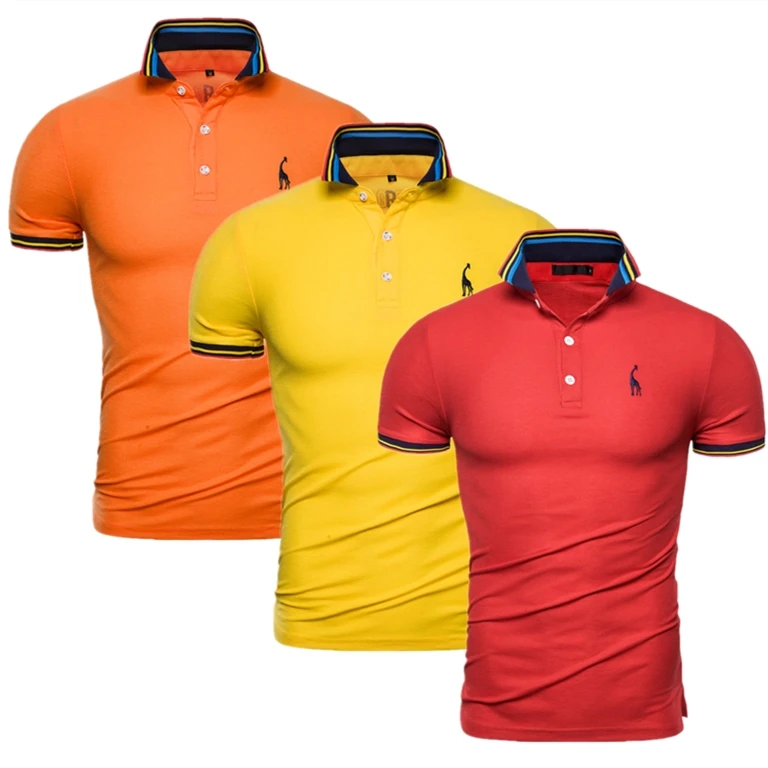 Жираф рубашка поло с вышивкой мужские тонкие хлопковые с коротким рукавом повседневные поло US размер S-2XL 3 шт - Цвет: orange-yellow-red