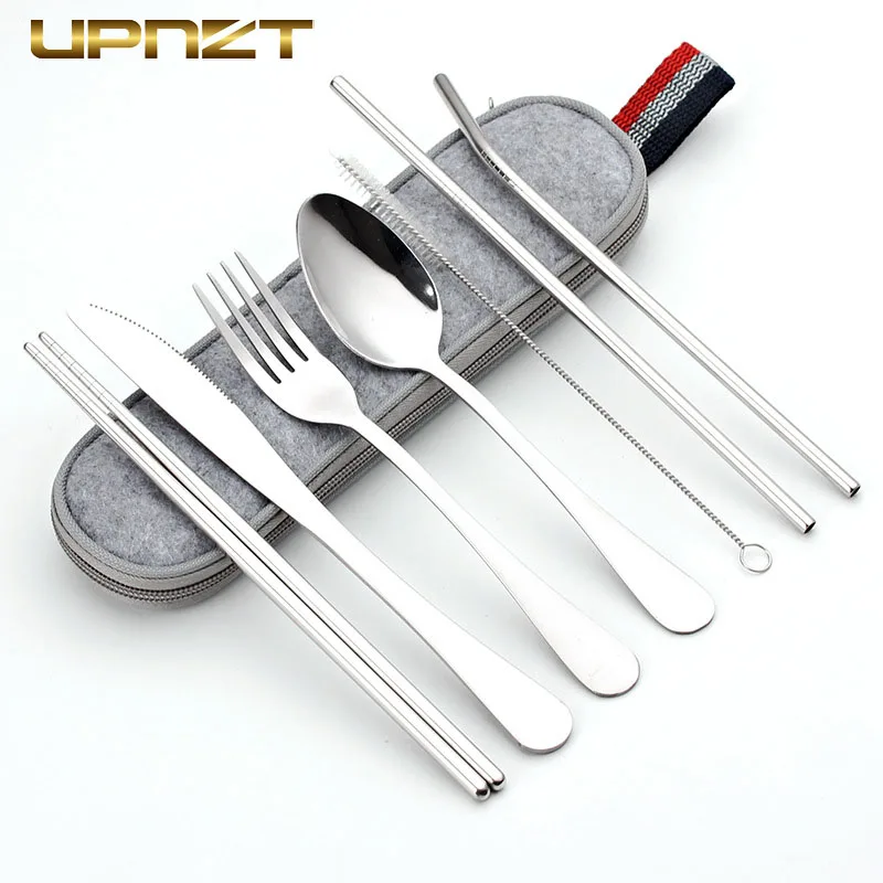 

Dinnerware Set Travel Camping Cutlery Set Reusable Tableware with Metal Straw Spoon Fork Chopsticks and Portable Bag
