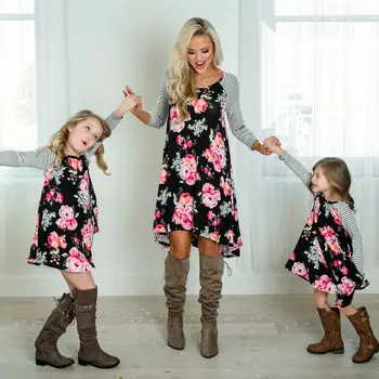 

Family Outfits Clothes Mother and Daughter Fashion Print Dresses Women Girls Long Sleeve Keen Length Dresses