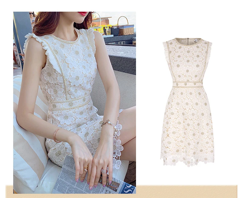 Women Lace Embroidery Dresses For Party 2021 Women'S Summer New Temperament Slim Round Neck High Waist Fashion Dress Office Lady