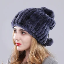 Женская меховая вязаная шапка Настоящий мех кролика Шапки эластичный шарф двойного назначения пояс помпоны женская шапка в полоску полнота новое поступление