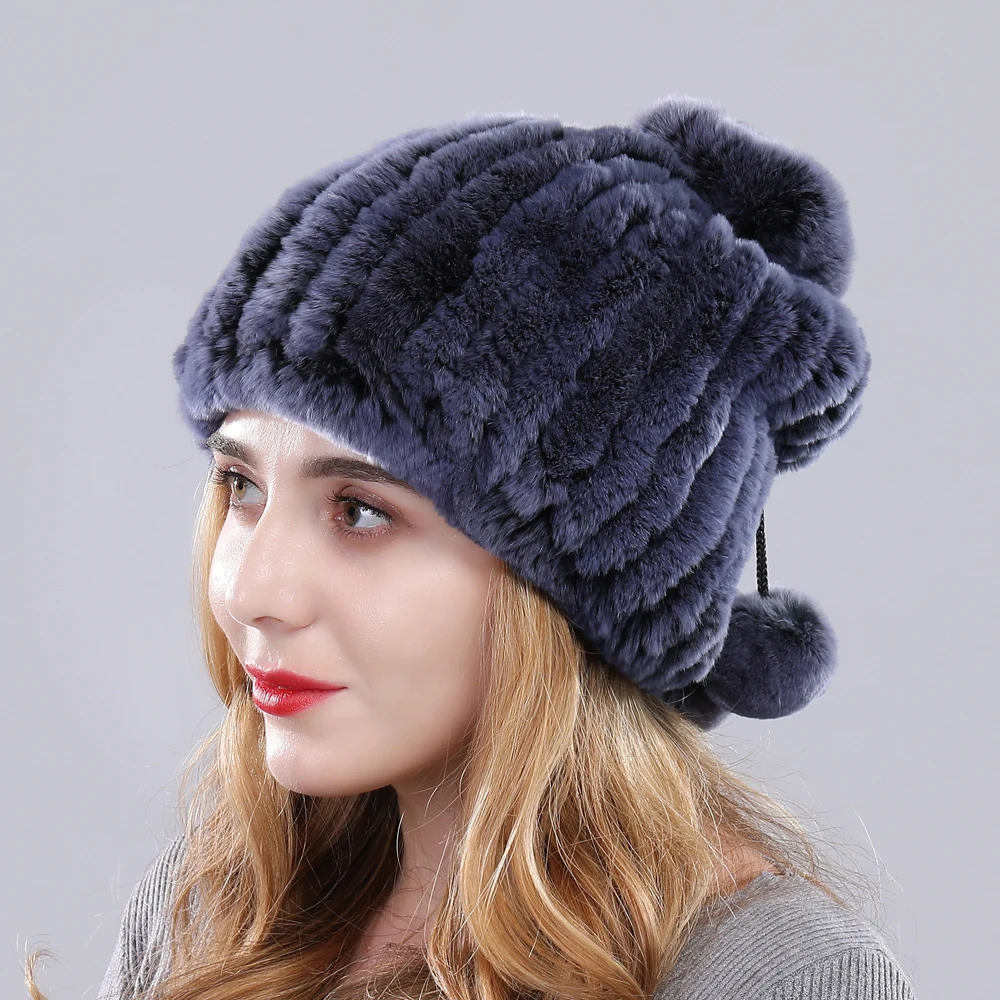 

Women fur hat knitted real rex rabbit fur caps elastic scarf double use belt pompoms female hat striped fullness new arrival