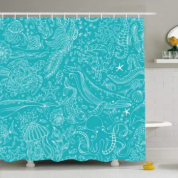 

Shower Curtain Set with Hooks 60x72 Underwater Outline Boundless Contour Whale Pattern Animals Crab Water Blue Wildlife Clam