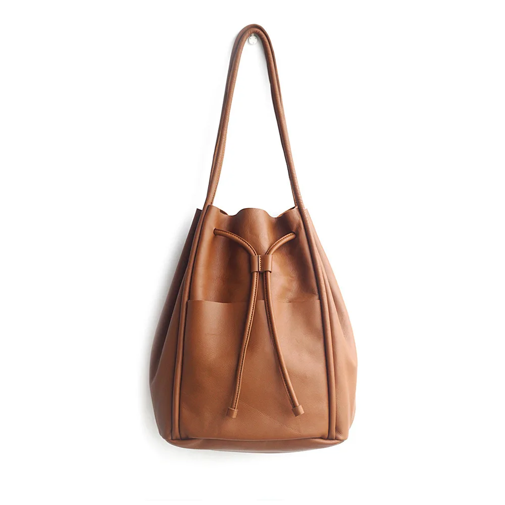 US $240.00 Classic genuine leather women bucket bag large capacity shoulder bags with coin purse handmade bags