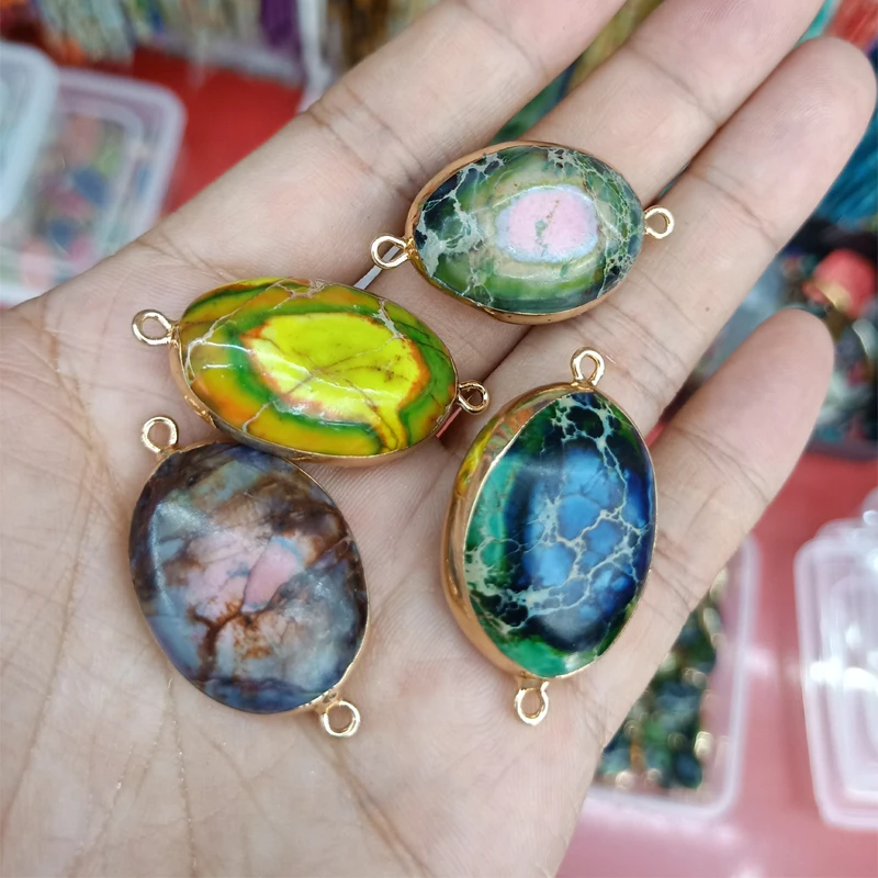 

Genuine Natural Imperial Jaspers Stone Pendants Gold Border Double hanging holes Pendant For Necklace Jewelry Making Bracelet