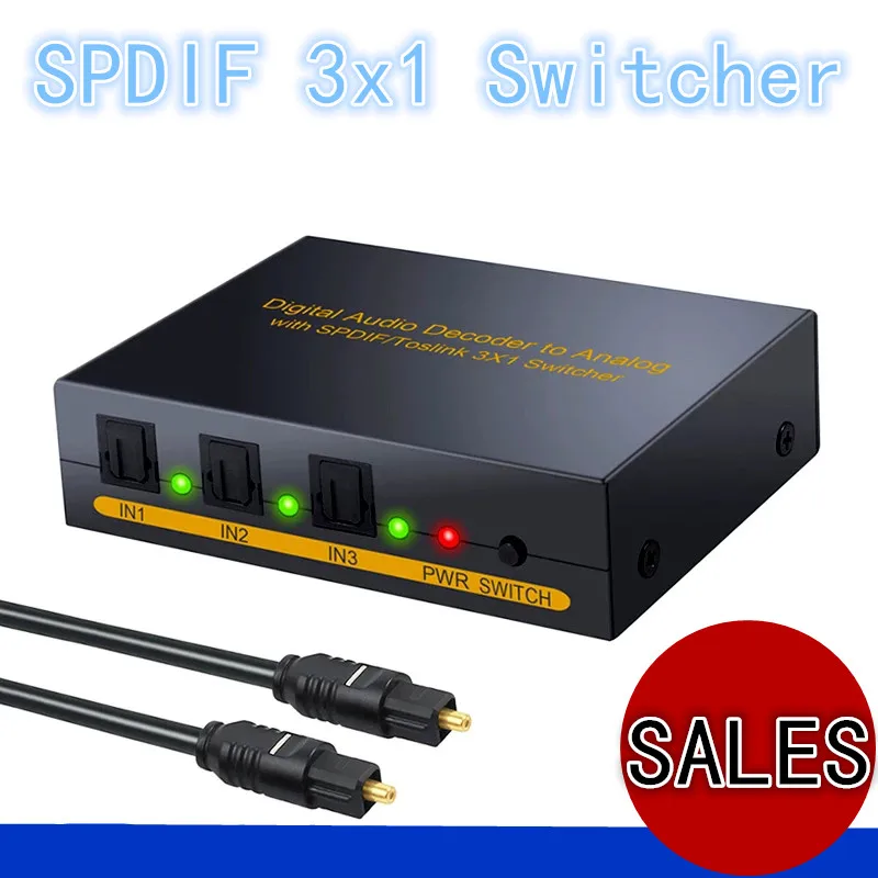 SPDIF Switch 3x1 Audio Optical Toslink Switcher Adapter Splitter Converter 3 in 1 out to L/R RCA Audio 3.5mm jack for Amplifiers