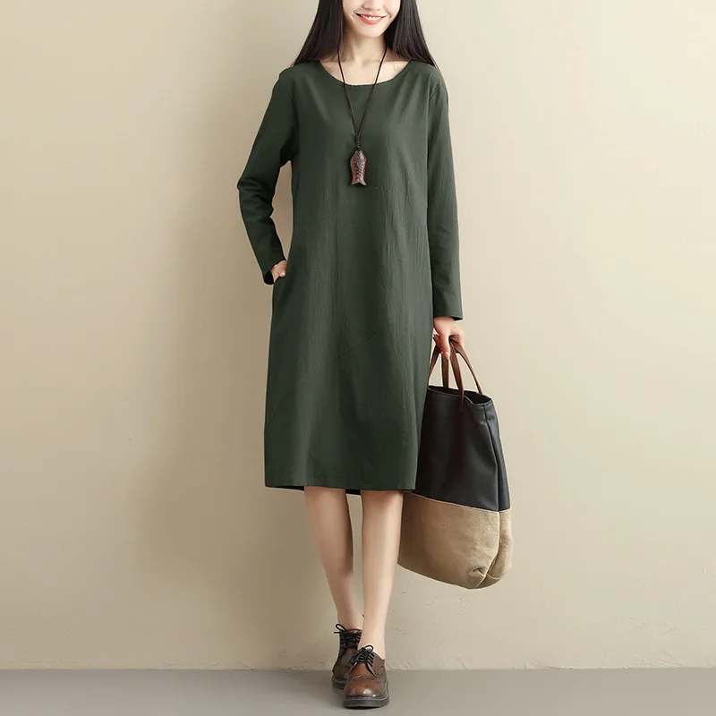 

2020 Spring New Style Retro Loose And Plus-sized WOMEN'S Dress Mid-length Solid Color Slimming Long Sleeve Cotton Linen Dress Wo
