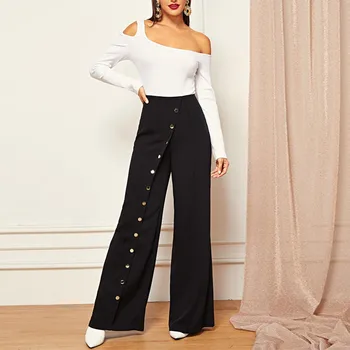 

female casual pants Women's Office Solid Diagonal Button Invisible Zipper Casual Trousers High waist joggers 2019 New Arrival