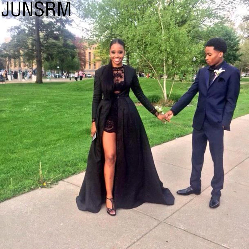 

Sexy Two Piece Black Lace Long Prom Dresses With Long Sleeve Detachable Coat Floor Length Evening Pageant Evening Party Dresses
