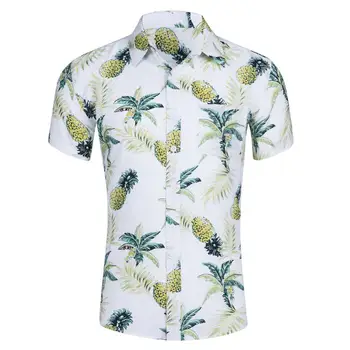 

Men Fashion Hawaiian Pineapple Leaves Print Turn Down Collar Short Sleeve Shirt Top