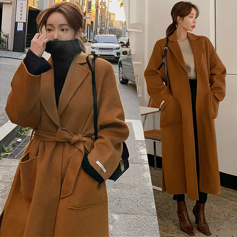 SuperAen, модное шерстяное пальто для женщин, корейский стиль, новинка 2019, зимнее женское Шерстяное Пальто, одноцветное, дикая женская одежда