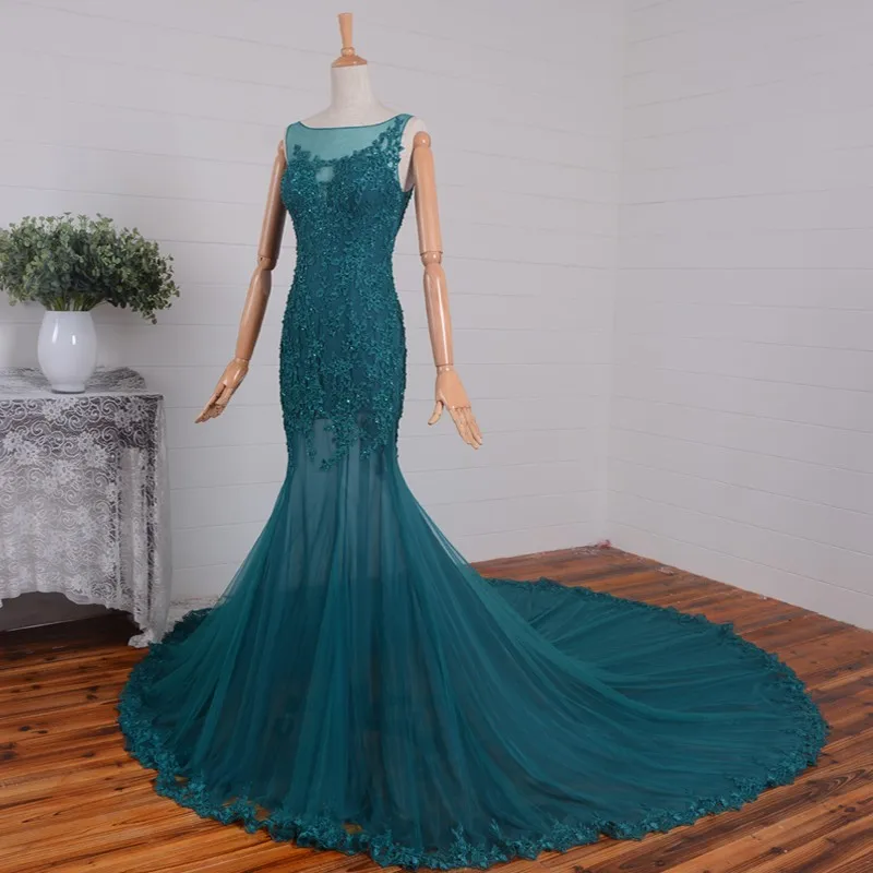 Прозрачные сзади vestido de festa сексуальное платье русалки для выпускного вечера с зеленым кружевом и аппликацией из бисера Вечернее платье платья для матери невесты