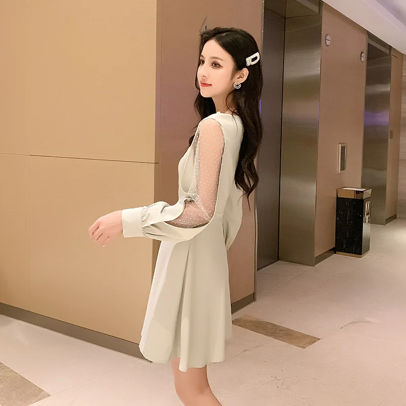 Najtaniej 2019 na co dzień kobiety nowy V z długim rękawem z długim rękawem przędzy netto francuski rysunek sukienka modna sukienka