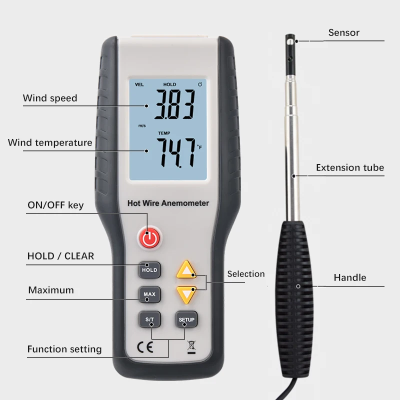

HT-9829 High Sensitivity Portable Wind Speed Meter Heat-Sensitive Thermal Anemometer Digital Outdoor Measuring Instrument