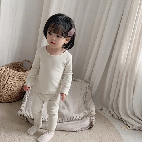 beige Хлопковые шерстяные пижамные комплекты без косточек для маленьких мальчиков и девочек от 1 года до 6 лет, осенне-зимняя детская с наполнителем, Осенняя детская домашняя пижама - Цвет: beige