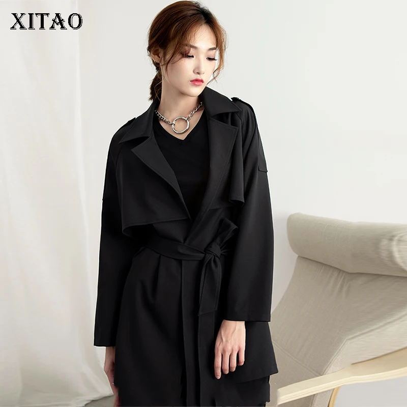 

XITAO Elegant Belt Patchwork Mesh Trench 2019 Autumn New Style Women Slim Drape Collect Waist Long Sleeve French Coat GCC1823