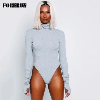 

FORERUN Turtleneck Bodysuit Women Ribbed Long Sleeve Bodysuits with Gloves Cotton Bodycon Jumpsuit Streetwear Romper Body Mujer