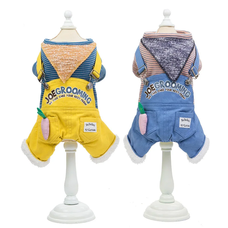 

Four Legs Cute Warm Dog Clothes for Autumn and Winter Striped Design Cotton Padded Tops Clothes with Jean Trousers Dog Jumpsuits