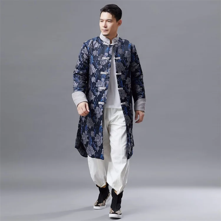 Традиционная китайская одежда для мужчин cheongsam стиль Тан костюм Топ Мужская винтажная длинная куртка Восточный мужской костюм