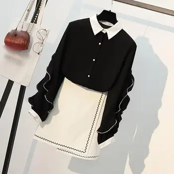 

Fashion 2019 Autumn Winter Women Casual Two Piece Set Ruffled Puff Sleeve Tops And Mini Skirts Office Lady Plus Size Suit Set