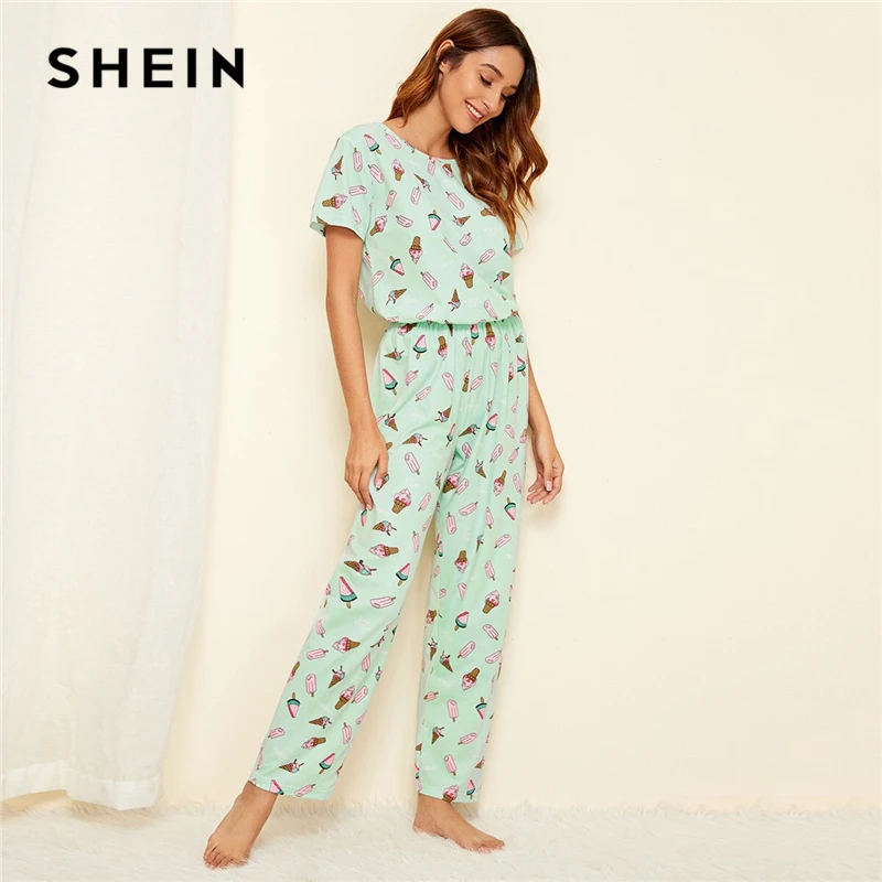 Beste SHEIN Groen Ijs Print Pyjama Set Toevallige Korte Mouwen Lange Broek Pyjama Set Vrouwen Zomer Dames Nachtkleding Pyjama Sets