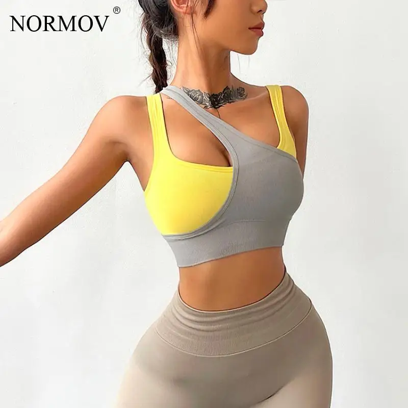 

NORMOV Contrast Color Bra Women Workout Push Up Gather Shockproof Fitness Bras Sleeveless Vest Sling Elasticity Bralette Running